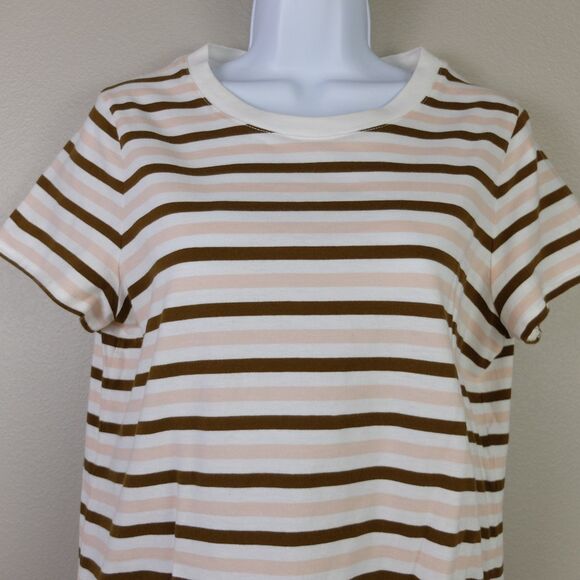 Madewell Women's Pink White Brown Striped Short Sleeve Cotton Tee Size Medium - Picture 2 of 6